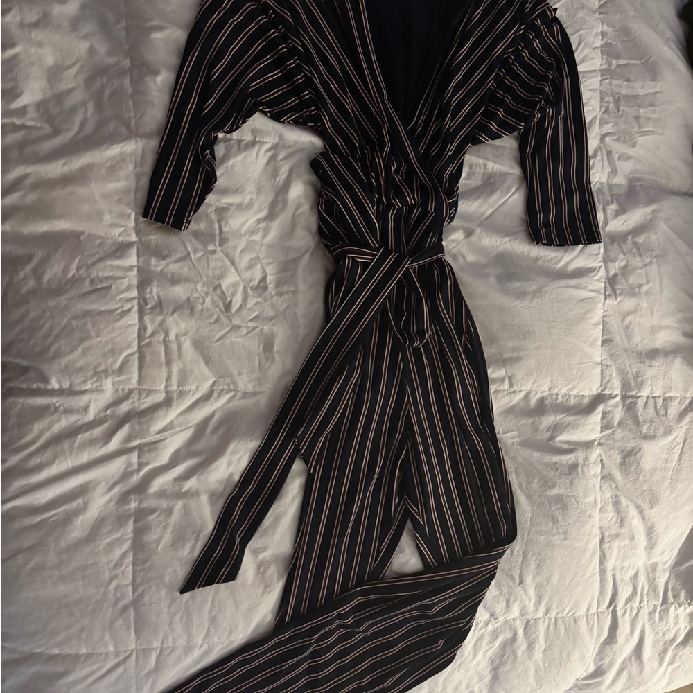 Navy Blue and Red Striped Jumpsuit with Belt